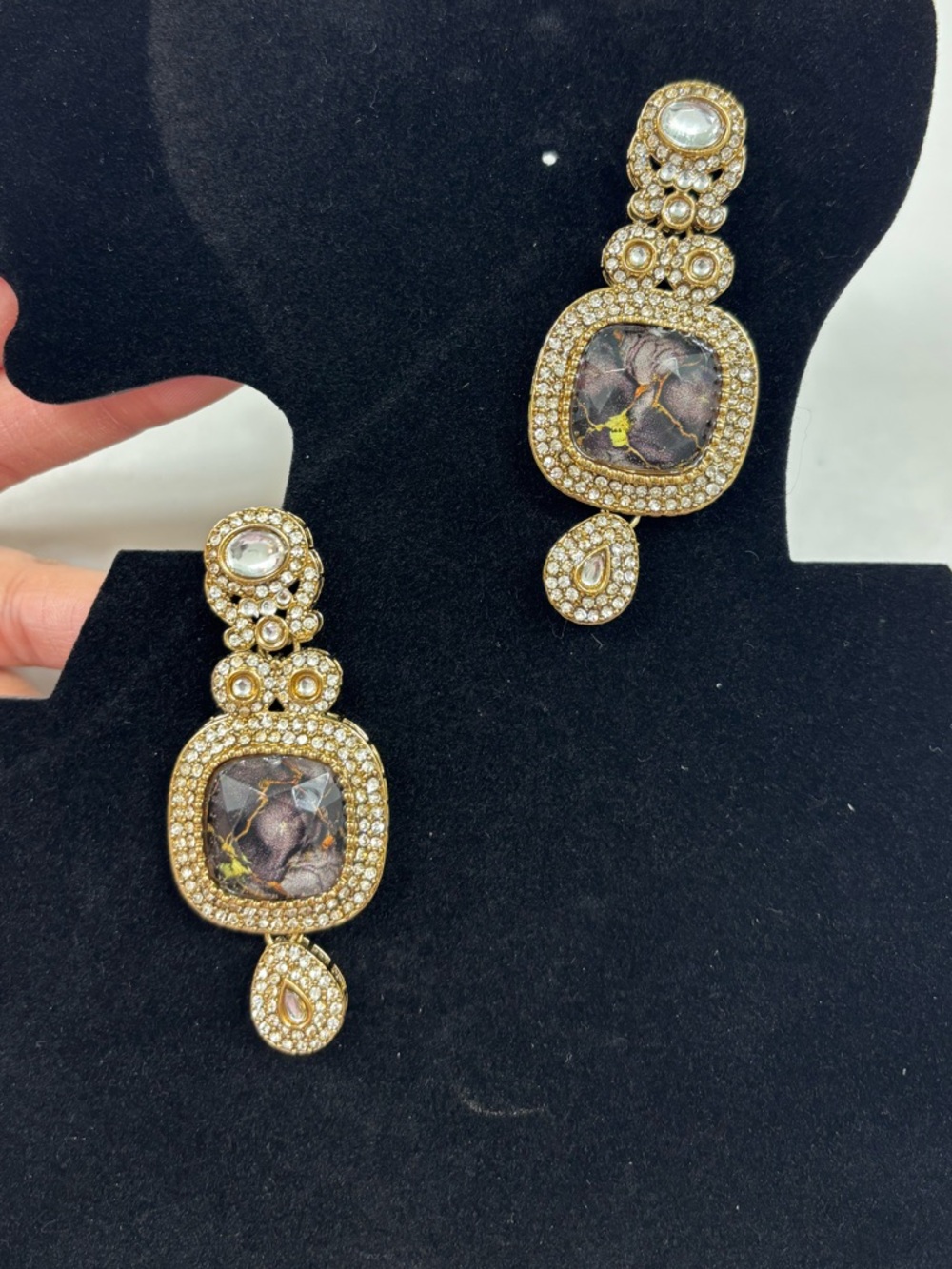 Gold Crystal & Black Marbled Drop Earrings